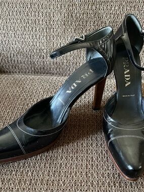 Vintage Prada Black Patent Leather Ankle-Strap Heels